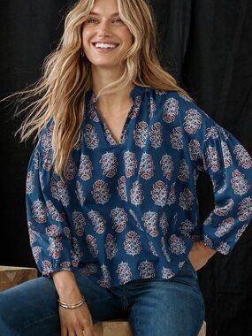 J.Jill Printed Cotton Floral Top Blue Size L